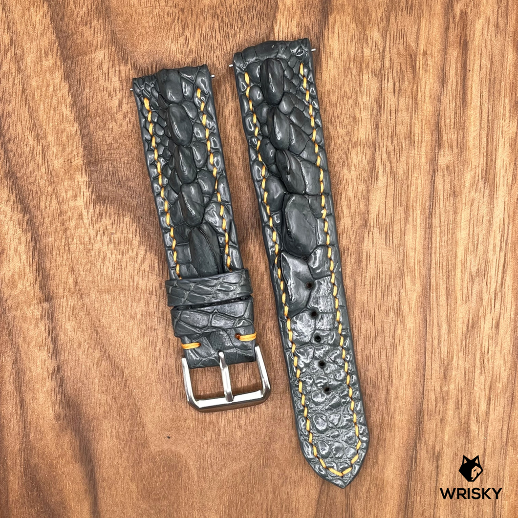 #724 (Quick Release Spring Bar) 20/18mm Gunmetal Grey Hornback Crocodile Leather Watch Strap with Orange Stitches