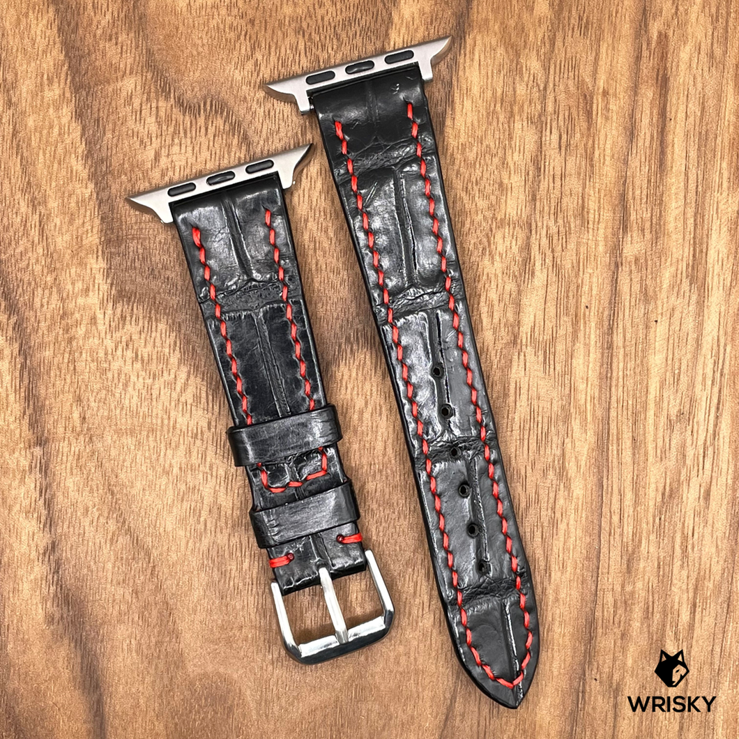 #753 (Suitable for Apple Watch) Black Crocodile Belly Leather Watch Strap with Red Stitches