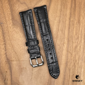 #997 (Quick Release Spring Bar) 20/16mm Black Crocodile Belly Leather Watch Strap with Black Stitches