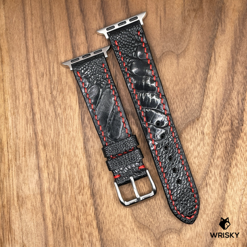 #928 (Suitable for Apple Watch) Black Ostrich Leg Leather Watch Strap with Red Stitches