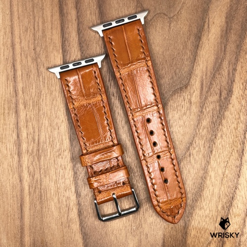 #993 (Suitable for Apple Watch) Cognac Brown Crocodile Belly Leather Watch Strap with Brown Stitches