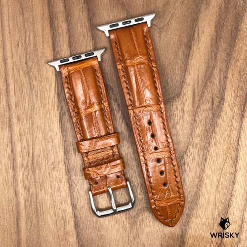 #988 (Suitable for Apple Watch) Cognac Brown Crocodile Belly Leather Watch Strap with Brown Stitches