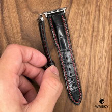 Load image into Gallery viewer, #677 (Suitable for Apple Watch) Black Crocodile Leather Watch Strap with Red Stitches