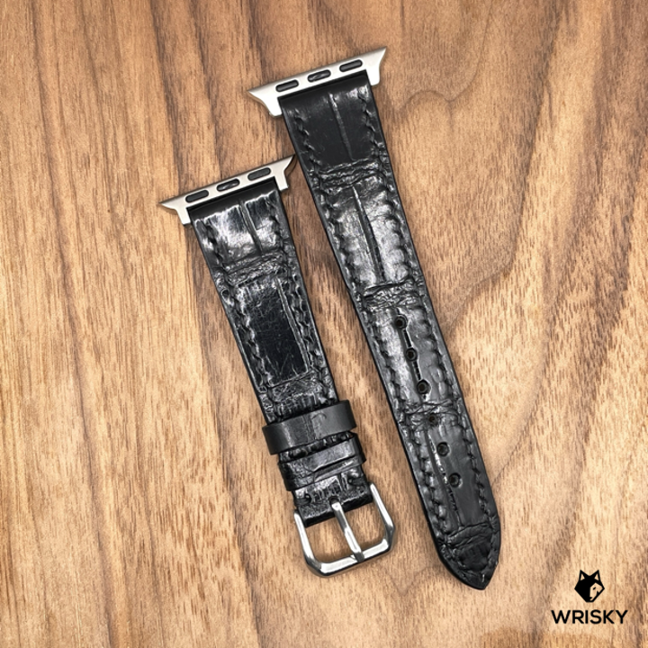 #930 (Suitable for Apple Watch) Black Crocodile Belly Leather Watch Strap with Black Stitches