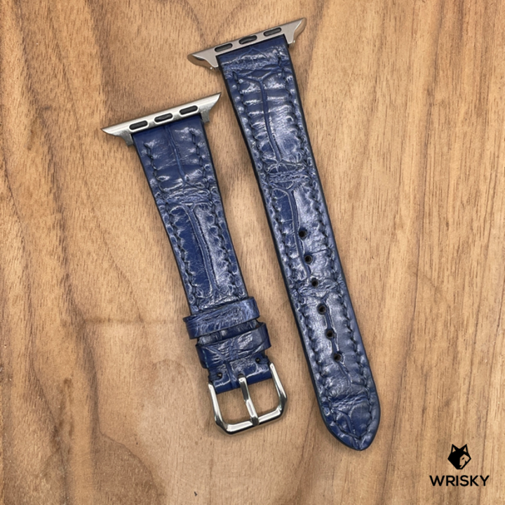 #1041 (Suitable for Apple Watch) Blue Crocodile Belly Leather Watch Strap with Blue Stitches