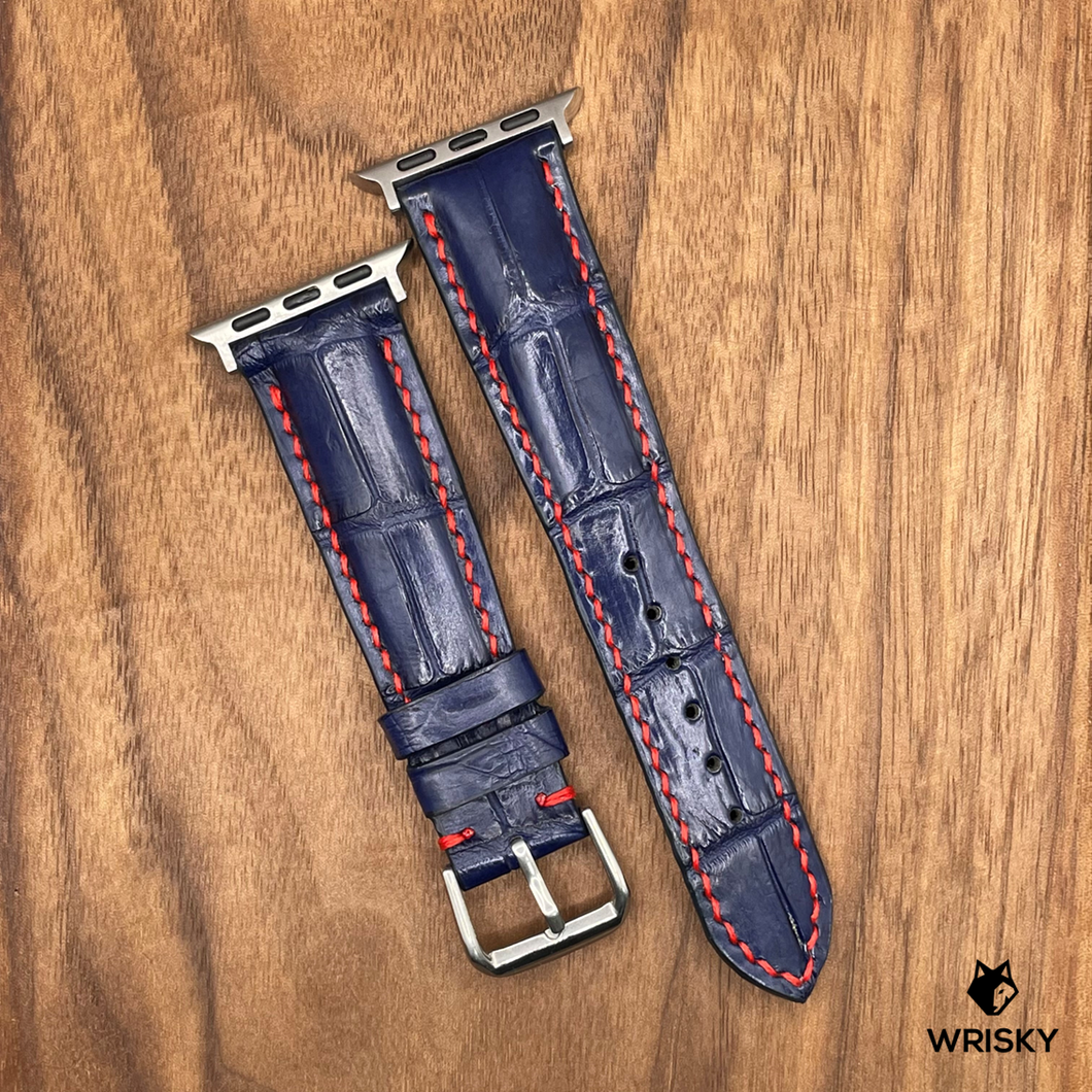 #678 (Suitable for Apple Watch) Royal Blue Crocodile Leather Watch Strap with Red Stitches