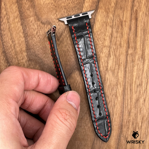 #753 (Suitable for Apple Watch) Black Crocodile Belly Leather Watch Strap with Red Stitches