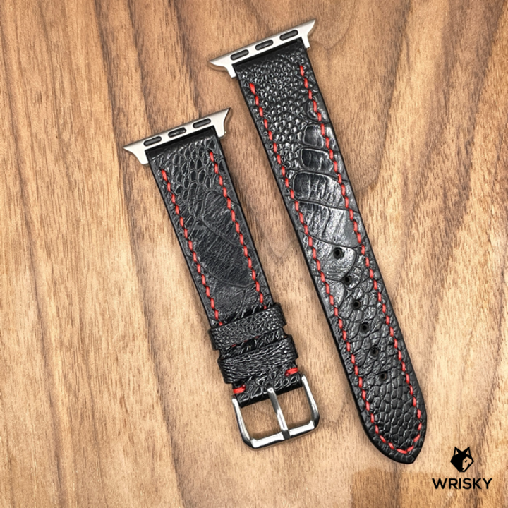#933 (Suitable for Apple Watch) Black Ostrich Leg Leather Watch Strap with Red Stitches