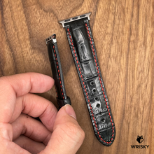 Load image into Gallery viewer, #681 (Suitable for Apple Watch) Black Crocodile Leather Watch Strap with Red Stitches