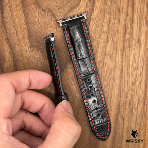 #681 (Suitable for Apple Watch) Black Crocodile Leather Watch Strap with Red Stitches