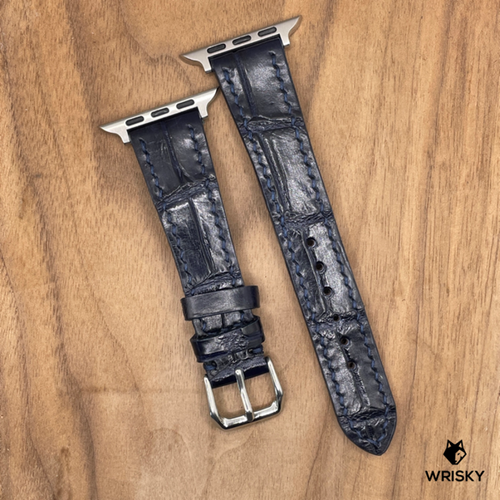 #1044 (Suitable for Apple Watch) Dark Blue Crocodile Leather Watch Strap with Dark Blue Stitches