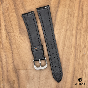 #1053 (Quick Release Spring Bar) 20/16mm Black Crocodile Belly Leather Watch Strap with Black Stitches